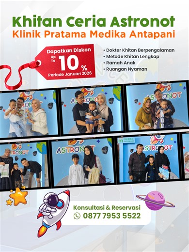Setiap anak berhak menjalani proses khitan dengan rasa aman dan nyaman 🤍 Kami percaya, pengalaman yang baik akan membantu anak lebih tenang dan orang tua lebih yakin. Karena itu, proses khitan dilakukan dengan pendekatan ramah anak, lingkungan yang mendukung, serta penanganan yang profesional. Bagi Ayah dan Bunda yang sedang merencanakan khitan untuk si kecil, tim kami siap mendampingi dari awal hingga selesai. Yuk, manfaatkan momen libur dan promo awal tahun untuk pengalaman khitan yang lebih 