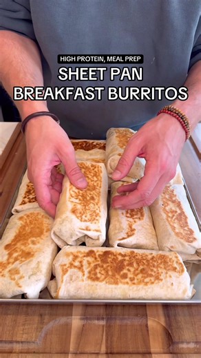 BEST MEAL PREP RECIPES OF ALL TIME Episode 3 Sheet Pan Breakfast Burritos This may be the single most efficient, and lowest effort, method for making breakfast burritos in bulk 🌯 Making breakfast burritos this way is just incredibly satisfying - and you get 10 (!!) breakfast burritos that you can store frozen and reheat in just a few minutes every morning Per burrito (Makes 10): 445 Calories 33g Protein 46g Carbs 14g Fat I used a “Jelly Roll” pan (the exact dimensions were 10”x15”, 1 inch lip) 