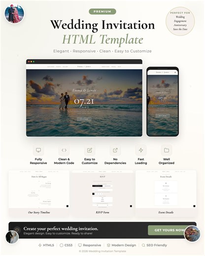 Wedding Invitation Website HTML CSS Template | RSVP Form | Countdown | Responsive | Clean Code | Digital Download - Etsy