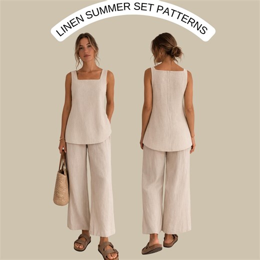 Linen Tunic and Linen Pants Sewing Patterns Set, Linen Tunic Top Pattern, Square Neck Tunic, Pull on Pants Set Pattern, A0 A4 US Letter - Etsy