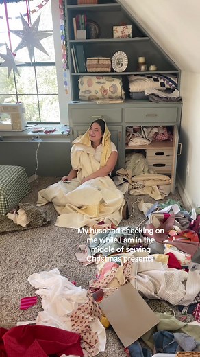 The lioness doesn’t concern herself with cleaning up until all presents are made 😌 #sewinghumor #sewtok #handmadeholidaygifts #handmadechristmas
