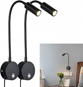 LED Wall Mount Reading Lighting Set of 2, 3W Book Light with Flexible Gooseneck, 3 Color Temperature, Bed Reading Lamp, Touch Control, Minimalist Design, Headboard Lamp, Stepless Dimming, Black