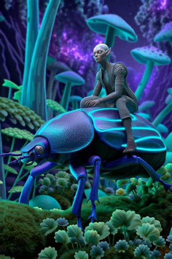 Alien Rides Giant Beetle in Glowing Fantasy Forest