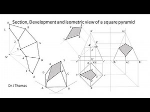 Projection, section, development of lateral surface and isometric view of a truncated pyramid