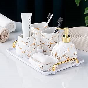 Ceramics White Bathroom Accessories Set,Gold Marble Look Bathroom Decor,Modern 6 Piece Bathroom Accessory Set,Complete with Soap Dispenser,Toothbrush Holder,Tumbler,Tray Countertop