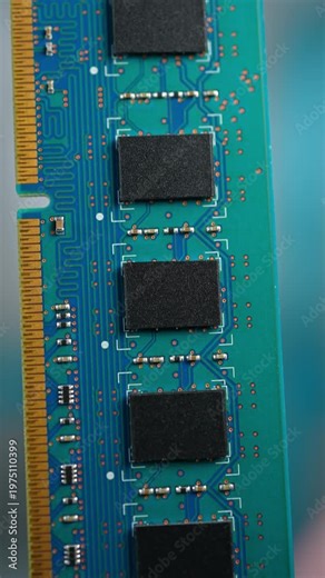 RAM stick with DRAM, Dynamic Random Access Memory chips. Core storage components holds data temporarily for quick CPU access. Storage of binary information using billions of capacitors and transistors