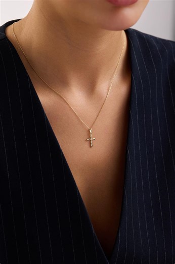 14K Gold Cross Necklace Minimal Diamond Cross Pendant - Etsy