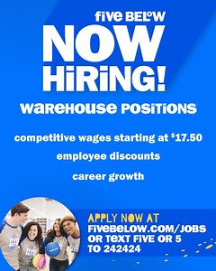 five below’s warehouses are now hiring with competitive wages starting at $17.50/hour! learn more below & apply online now! | Five Below