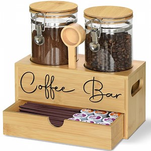 Bamboo Coffee Containers with Shelf, Coffee Station Organizer,Glass Storage Jars with Spoon,2 Coffee Bean Storage with drawer for Coffee Bar Accessories, Kitchen Food Storage Jars for Bean,Nuts,Candy