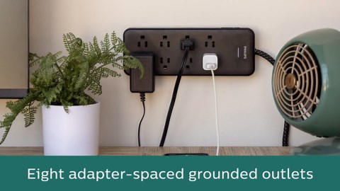 Philips EZFit 8-Outlet Surge Protector Power Strip, 8 Ft Braided Extension Cord, Widely Spaced Outlets, Flat Plug, for Home Office Dorm Essentials, 2160 Joules, Black, SPP3673B/37