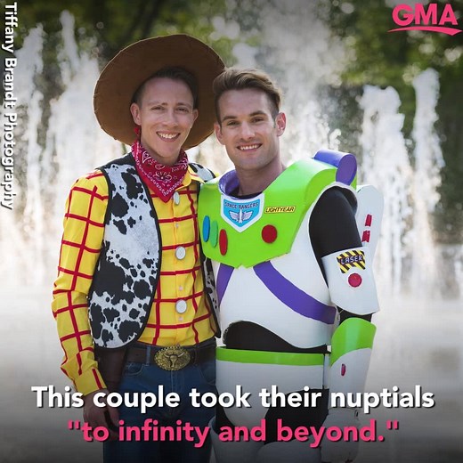 These two grooms dressed as Woody and Buzz Lightyear at their Disney-themed wedding and even danced to "You've Got a Friend In Me" as their first dance! All the feels! https://gma.abc/2p1kV8R | Good Morning America
