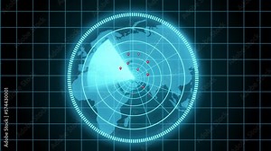 Indicator Search System On Black ,Futuristic Radar Screen Display with gird Animation On Black Background, Radar Screen HUD Display With Map, Location, Air Plane Enemy Attack Radar Search System.