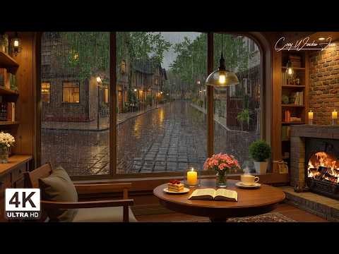 Elegant Rainy Street Jazz 🌧️ Coffee Shop Jazz Piano & Fireplace Comfort for Study and Work