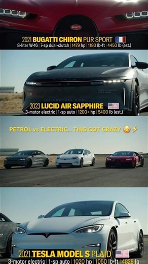 Bugatti Chiron Pur Sport vs Lucid Sapphire vs Tesla Plaid ⚡ Drag Race #supercars #viral #race #new