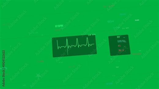 Telemetry HUD on transparent grid receiving feed, displaying green ECG cycling, showing live vitals