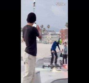 A real-life Green Goblin invades a skatepark using an impressive hoverboard that resembles a drone