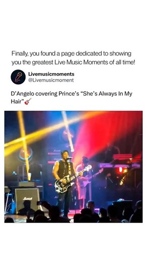Live Music Moments on Instagram: "D’Angelo performing “She’s Always in My Hair” at the Sydney Opera House in 2016, during a rare live appearance that leaned heavily into feel and restraint rather than spectacle. The performance stripped the song down to its essentials, letting D’Angelo’s phrasing and pocket do the work in one of the most intimate rooms he played on that tour. Originally written by Prince as a B-side in the mid-80s, the song has long lived in the margins of his catalog, cherished