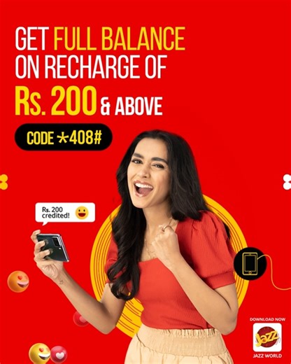 Maximize your recharge benefits! Recharge Rs. 200 & above using Code *408# and get FULL BALANCE. So, don’t miss out! #JazzSuper4G #DunyaKoBataaDo | Jazz