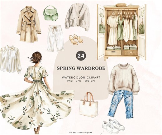 Watercolor Spring Wardrobe Clipart, Outfit Clipart, Spring Clipart, Fashion Clipart, Neutral Png, Planner Graphics, Digital Download - 462 - Etsy