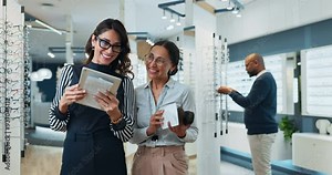 Optometry, optometrist or tablet for glasses in shop with discussion, inventory check or prescription lenses. Optical store, worker or assistant with touchscreen for eye care or customer online order
