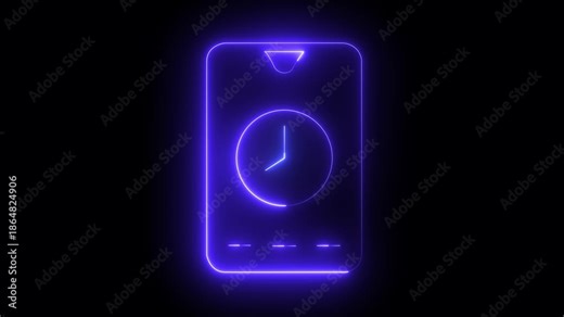 Glowing neon line Alarm clock app smartphone interface icon isolated on black background. 4K Video motion graphic animation .