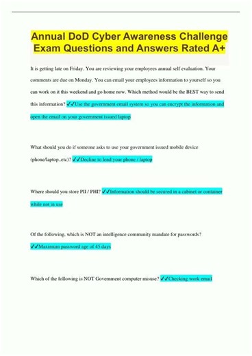 Annual DoD Cyber Awareness Challenge Exam Questions and Answers Rated A2707