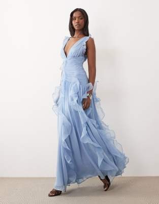 ASOS LUXE ruched maxi dress with waterfall detailing in dusky blue | ASOS