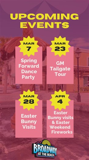 March is here and the fun is blooming at Broadway at the Beach! 🌺 ✨ Join us as we kick off the season with our Spring Forward Dance Party on March 7th 💃 🕺, Plus the Easter bunny is hopping into town at the end of the month!🐰 #broadwayatthebeach #visitmyrtlebeach #MarchEvents #SpringatBroadway #mymyrtlebeach | Broadway at the Beach