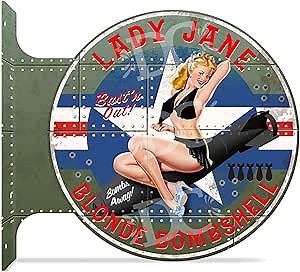 WWII Vintage Pin-Up Girl Bomber Nose Art Themed Personalized Double Sided Garage Flange Sign