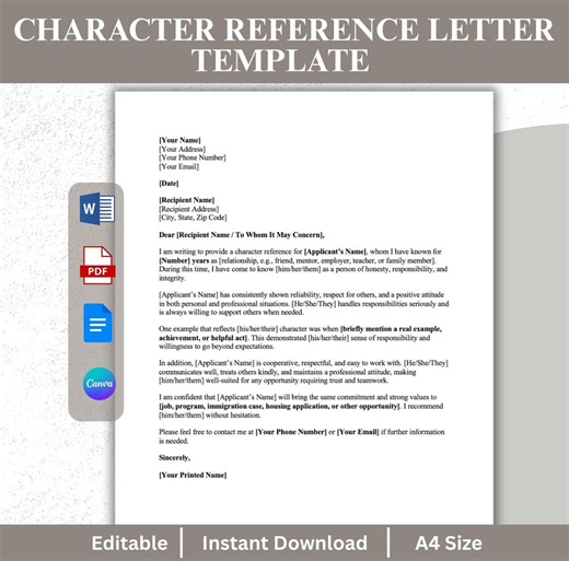 Character Reference Letter Template | Editable Personal Reference Letter | Canva & Word Format | Printable Recommendation Letter - Etsy