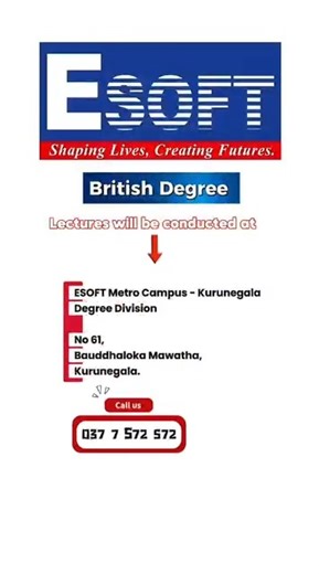 🎓✨ 𝐒𝐭𝐚𝐫𝐭 𝐲𝐨𝐮𝐫 𝐁𝐫𝐢𝐭𝐢𝐬𝐡 𝐃𝐞𝐠𝐫𝐞𝐞 𝐢𝐧 𝐒𝐨𝐟𝐭𝐰𝐚𝐫𝐞 𝐄𝐧𝐠𝐢𝐧𝐞𝐞𝐫𝐢𝐧𝐠 𝐨𝐫 𝐁𝐫𝐢𝐭𝐢𝐬𝐡 𝐃𝐞𝐠𝐫𝐞𝐞 𝐢𝐧 𝐁𝐮𝐬𝐢𝐧𝐞𝐬𝐬 𝐀𝐝𝐦𝐢𝐧𝐢𝐬𝐭𝐫𝐚𝐭𝐢𝐨𝐧 𝐭𝐡𝐢𝐬 𝐅𝐞𝐛𝐫𝐮𝐚𝐫𝐲 𝟮𝟬𝟮𝟲 Your journey to a world-class qualification begins here — awarded by London Metropolitan University. 🌍🎓 📌 Join with pending A/L results and reserve your seat today! 📍 Available at ESOFT Metro Campus Kurunegala Branch ⏳ Limited time offer for Feb 2026 intake — Offer valid only unt