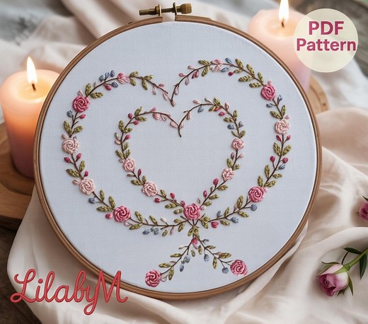 Rose Heart Wreath – Floral Embroidery Pattern | PDF Hand Embroidery Design by Lilabym - Etsy
