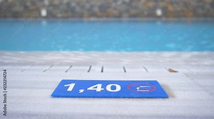"1,40 M" Depth marking on pool edge.inscription of the swimming pool depth.pool depth sign. 4K Stock Video