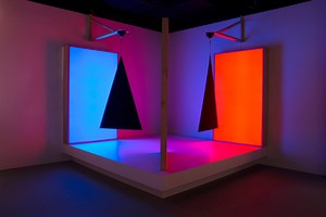 Pepper's ghost effect, triangles, cyan and red | Taree Mackenzie | 2018 | ACMI collection