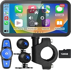 6.25" Motorcycle Carplay with GPS Navigation System, IPS Waterproof Touchscreen, Inculed SD-128GB, TPMS, HD Touch Screen Auto and Dual 1080P Camera/Dash Cam, Support iOS/Android, BT, Siri