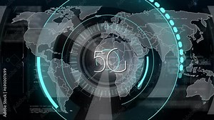 Animation of 5g text and data processing over globe