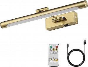 Joosenhouse Wireless Picture Light Battery Operated Rechargeable Picture Light 16.53in with Remote Control Dimmable and Timer Off Adjustable Swing Arm Brass LED Battery Spotlight for Picture Display