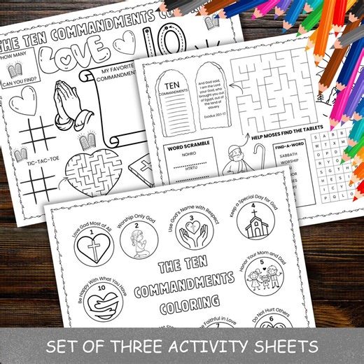 10 Commandments Printable Activity Placemats, Set of 3 Kids Bible Worksheets, Christian Coloring (PDF Download) - Etsy