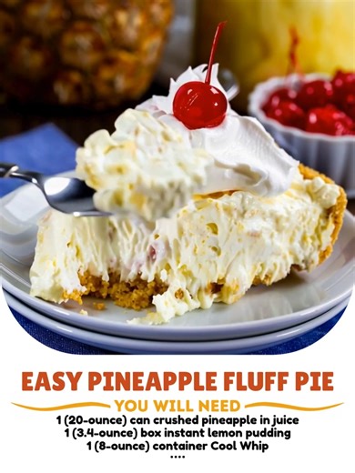 🍍🥧 Easy Pineapple Fluff Pie 🥧🍍 Light, creamy, and bursting with tropical flavor—this no-bake pineapple pie is the perfect refreshing dessert for summer! 🍒✨ Ingredients: 1 (20-ounce) can crushed pineapple in juice, drained well 1 (3.4-ounce) box instant lemon pudding 1 (8-ounce) container Cool Whip, thawed Recipe in the Coʍʍеոτ 👇 Enjoy ❤️ | Recipes by banana