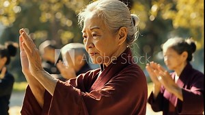 A woman in a red robe is holding her hands up in the air
