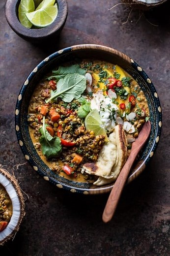 Simple Coconut Quinoa and Lentil Curry with Lime Mango   Video.
