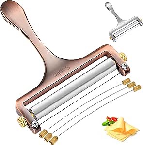 Sopito Cheese Slicer Stainless Steel With 3 Extra Wires Great for Cheddar, Gruyere, Raclette, Mozzarella Cheese Block, Adjustable Thickness, Copper
