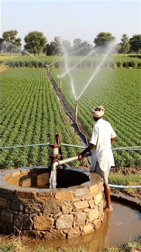 " farmer irrigating fields using modern sprinkler system saving water, boosting crop growth"#viral "