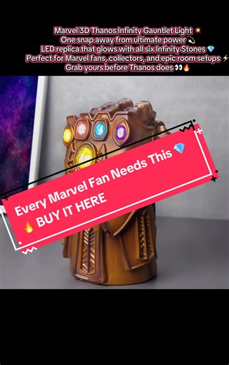 The Marvel 3D Thanos Infinity Gauntlet Replica Light is unreal — the glow, the detail, the power! It lights up with all six Infinity Stones and turns any room into a Marvel masterpiece 💥 Perfect for fans, collectors, or anyone who wants to feel like the Mad Titan himself. Snap yours up before it’s gone! ⚡ #tiktokmademebuyit #MarvelFans #RoomDecor #LEDLight #fyp