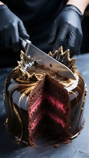 Cutting Shiny Mirror Glaze Cake 🍰 Pink Raspberry Layers ASMR