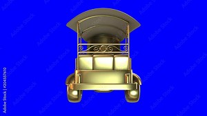 3d rendering golden color of Tuk Tuk Thai traditional transportation, turntable rotating shot seamless looping on green screen with alpha channel section part.