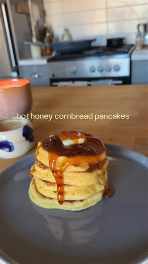 Kyra Hungerford, RDN on Instagram: "sunday pancake series | hot honey cornbread pancakes that would pair amazingly with leftover thanksgiving turkey and cranberry sauce 🙂‍↕️🦃🍂 fall pancake Ebook is LIVE🍂🌰FULL RECIPES in link in bio + 10 other original fall pancake stacks to make this autumn including my tips on how to make the perfect and fluffiest pancakes 🥞🍁 how to make: 1/2 c + 2 tbsp of flour 1/2 c corn meal 2tbsp sugar 2tsp baking powder 1/4 tsp baking soda 1/8 tsp salt 1 egg 1 tbsp
