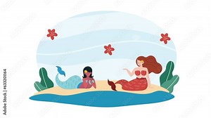 two beautiful fairy tale mermaids on the beach animation