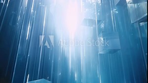 A surreal, ethereal scene with blue light raining down on a series of suspended cubes, A ethereal setting with strands of light blue light filtering through the air