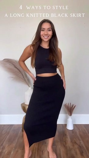 4 ways to style a long knit skirt 🖤✖️LINK IN BIO TO SHOP✖️#howtofashion #fashionhacks #getthelook #maxiskirt #longknitskirt